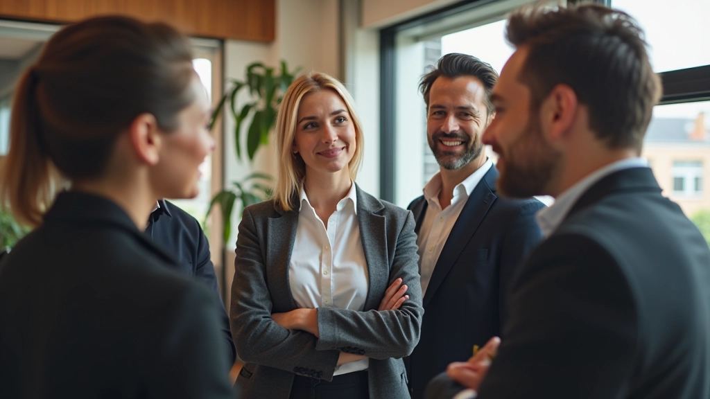 Team members in casual discussion during a regular feedback conversation in a modern office environment