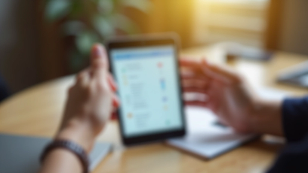Close-up of hands holding a tablet showing a feedback form on screen