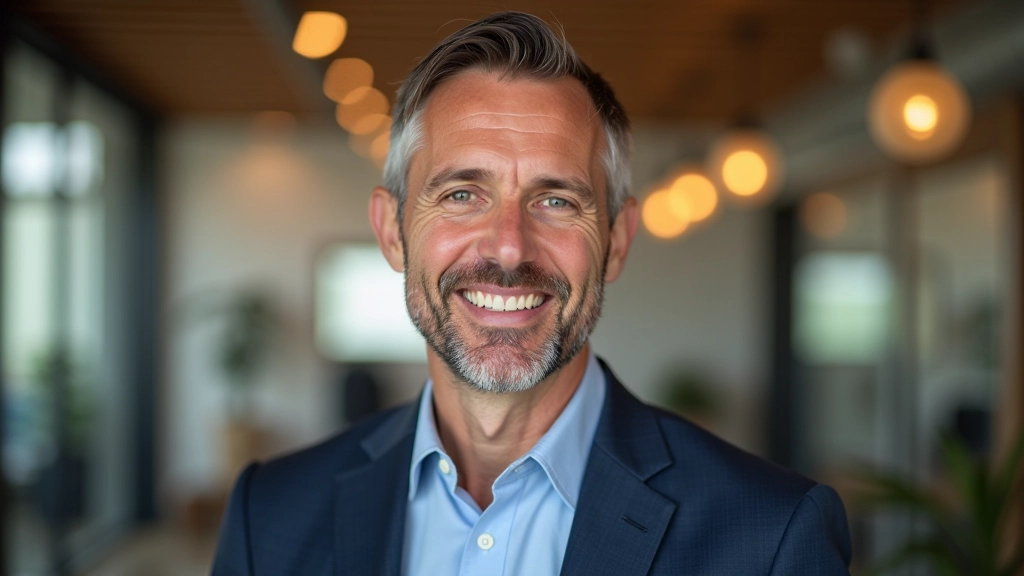 Portrait of workshop facilitator with engaging demeanor, professional attire, approachable presence, indoor setting with soft lighting