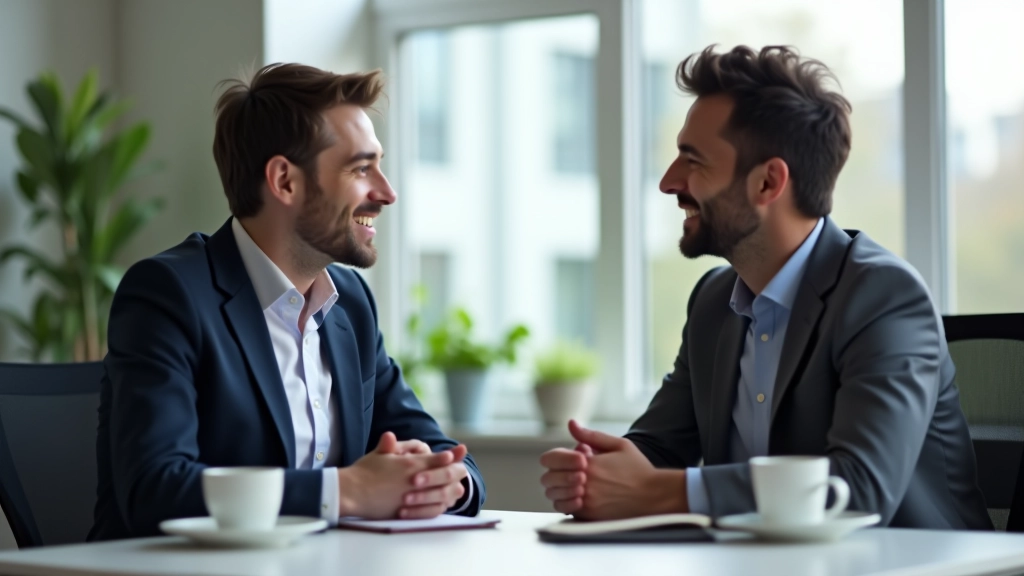 Manager and team member having a positive one-on-one conversation at a desk with notes and calendar visible