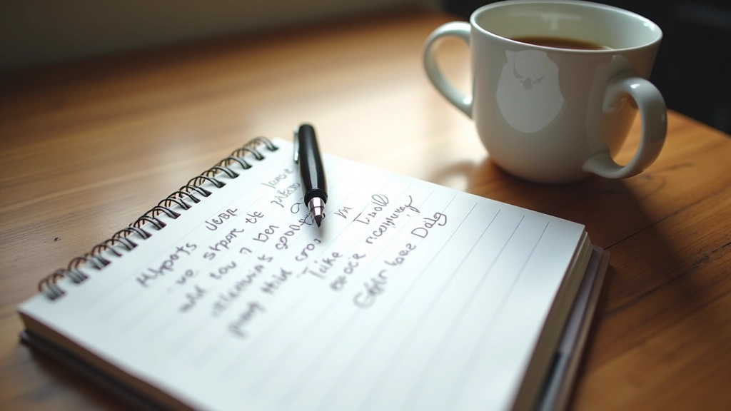 Notebook with written notes and a pen on a desk, morning coffee beside it