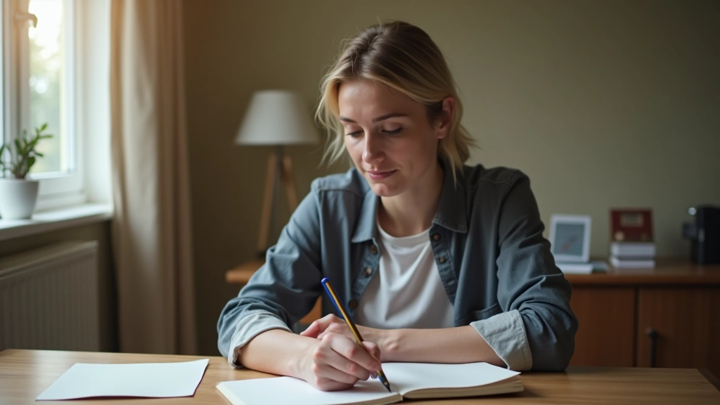 Person writing in a journal with reflection visible in the notebook pages