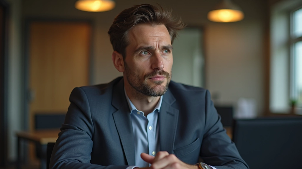 Person sitting at desk with thoughtful expression, hands folded, natural office lighting