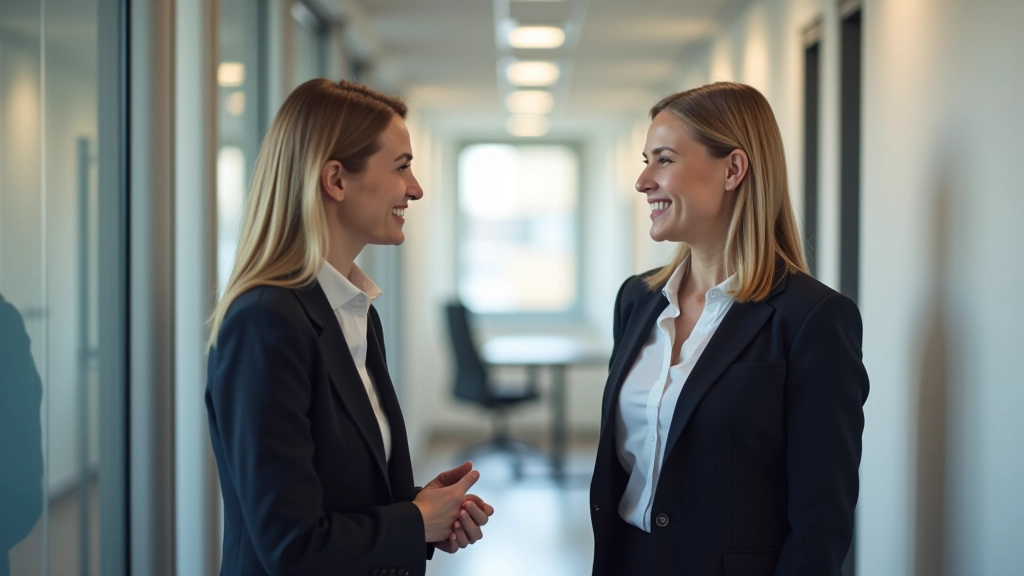 Two colleagues having a conversation, standing in an office corridor, both relaxed and engaged
