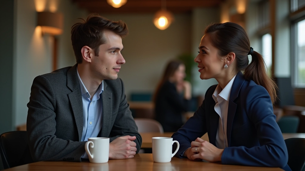 Two people in conversation, one speaking calmly while the other listens attentively at a café table
