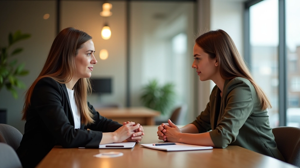 Two professionals having a conversation across a table in a bright office setting, both appear engaged