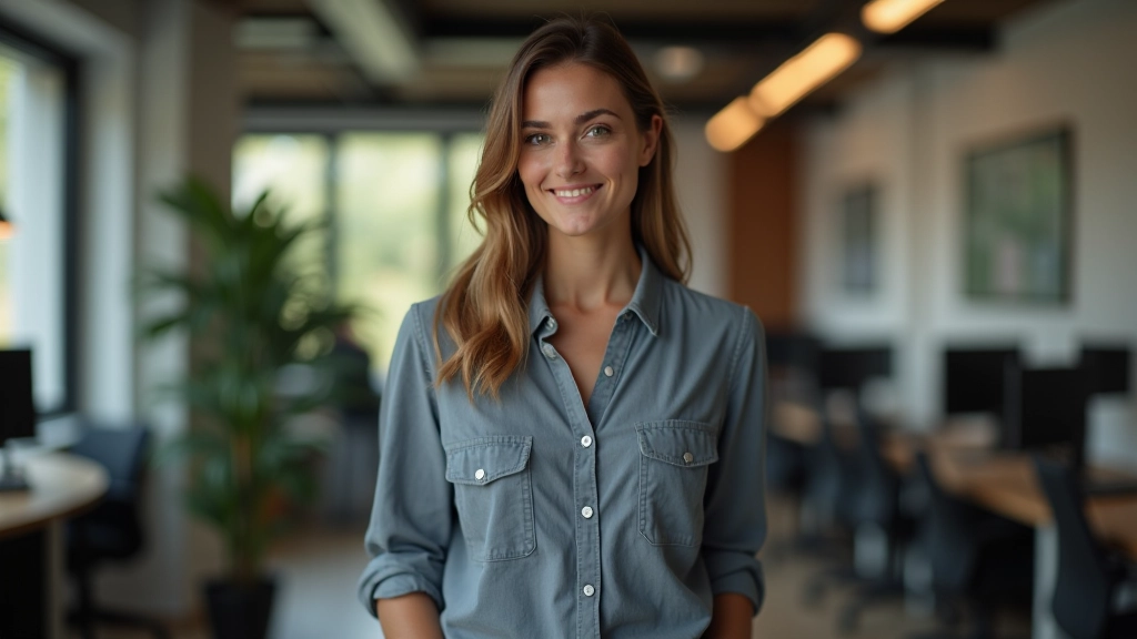 Portrait of facilitator with professional background, approachable demeanor, confident presence, bright interior workspace