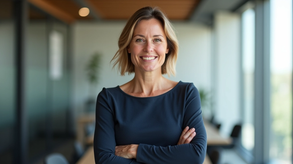 Portrait of experienced facilitator, confident professional appearance, warm expression, natural office lighting